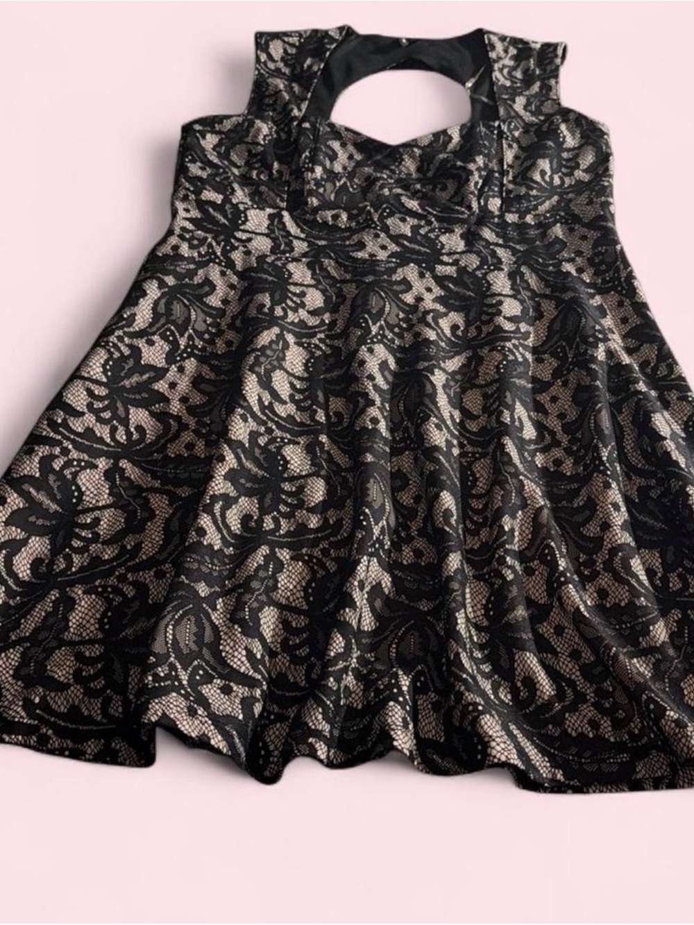 HeartSoul Black Lace-Overlay Fit & Flare Tunic with Nude Underlay